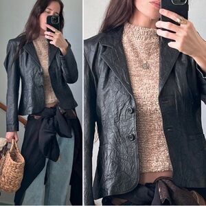 Vintage Avant Garde Crinkle Textured Black Leather Blazer Jacket Artsy Unique